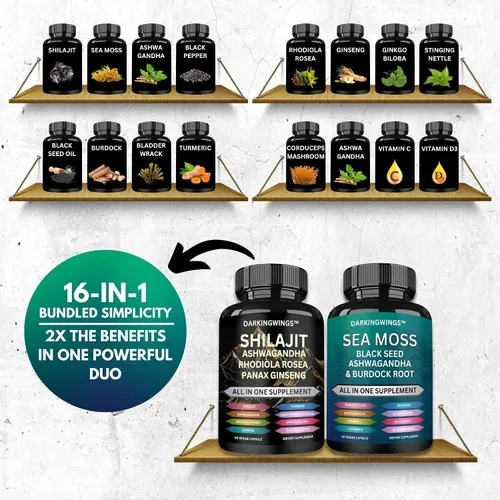 Vista 4 de Shilajit y musgo marino Combo - Cápsulas Shilajit añadidas Ashwagandha, musgo marino, jengibre y aceite de semilla negra, Rhodiola Rosea, Panax