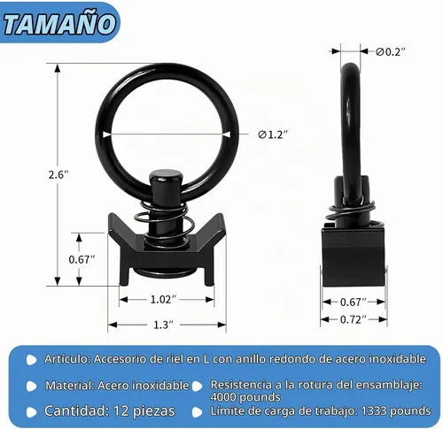 Vista 2 de Accesorio de perno individual en L con capacidad de 1,814 kg con anillo redondo de aluminio para control de carga, paquete de 12, negro