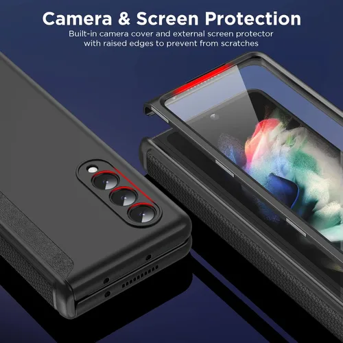 Vista 4 de MAKAVO Funda delgada para Samsung Galaxy Z Fold 3 con cobertura de bisagra, protector de pantalla, mate duro a prueba de golpes, protección de Negro