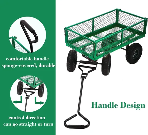 Vista 3 de Carrito de jardín de acero resistente, carrito utilitario para patio, carrito utilitario para césped al aire libre con lados extraíbles y ruedas