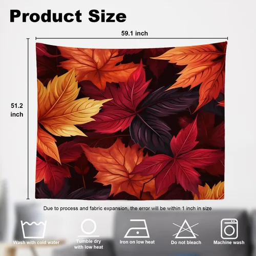 Vista 5 de Shrahala Tapiz de pared de hojas de arce otoñal, hojas rojas sin costuras sobre negro para colgar en la pared, tapiz grande decorativo de fibra