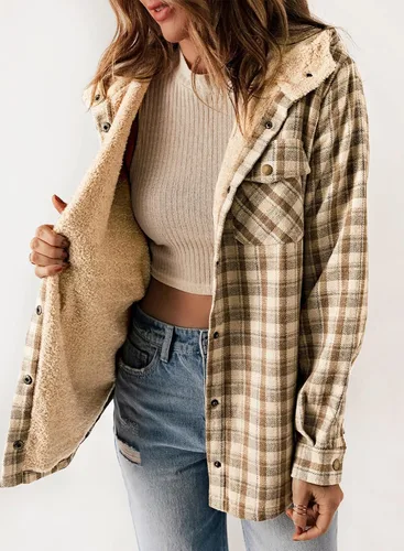 Vista 8 de Dokotoo - Chaqueta para mujer, manga larga, con botones y capucha, de vellón, cálida, a cuadros