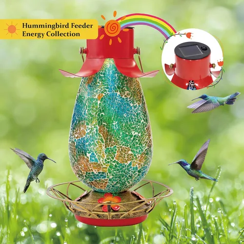 Vista 6 de Comedero solar LED para colibríes para exteriores, 40 onzas, mosaico de vidrio verde azulado, botella de néctar de colibrí colgante con 4 estaciones