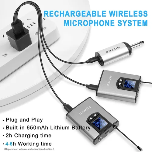Vista 5 de Hotec Sistema inalámbrico con micrófonos de auriculares duales/micrófonos de solapa Lavalier y transmisores de bodypack y un mini receptor