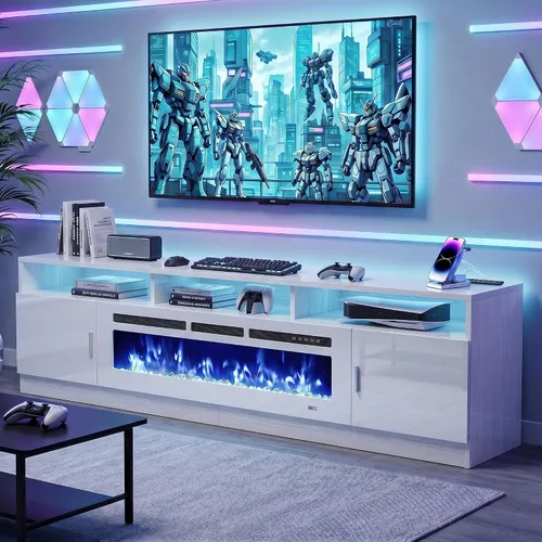 Vista 11 de MXV - Soporte de TV con chimenea de 70 pulgadas con toma de corriente para televisores de hasta 80 pulgadas, centro de entretenimiento con chimenea