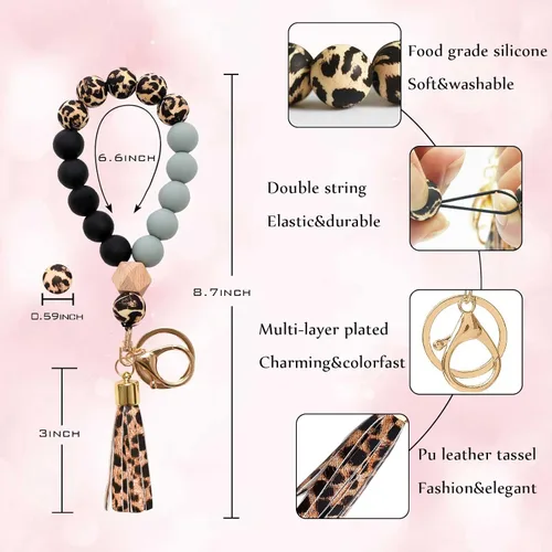 Vista 2 de BAOSIWA - Llavero de silicona con cuentas de leopardo, llavero para mujer, con borla de cuero