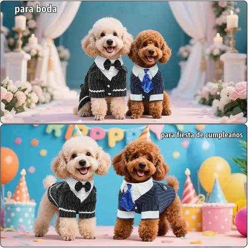 Vista 4 de DENTRUN - Traje de esmoquin para perro con corbatín - Camisa formal de disfraz para mascotas a rayas en negro y blanco, elegante atuendo de boda