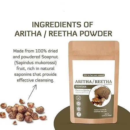 Vista 3 de Aritha natural en polvo para el cabello (Reetha/Soapnut Powder), hierbas orgánicas naturales, fortalecimiento del cabello, brillo