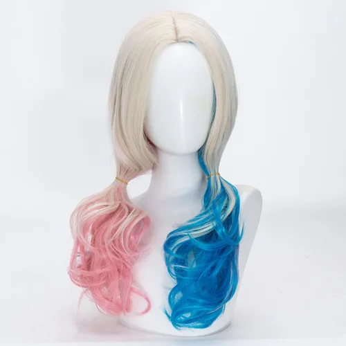 Vista 5 de Peluca rubia rizada de cosplay para mujer, peluca larga con raya media azul y rosa, disfraz de Halloween