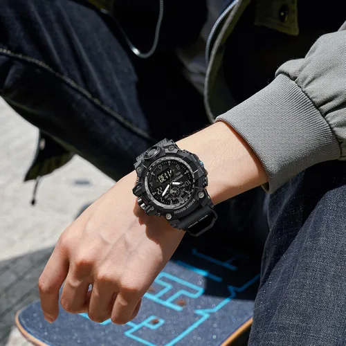 Vista 3 de Reloj militar para hombre, de doble pantalla, impermeable, deportivo, digital, muñeca grande, con alarma