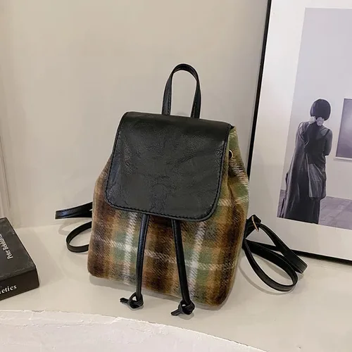 Vista 7 de Mochila vintage a cuadros para mujer, mochila clásica preppy casual, mochila estética de viaje, mochila retro para mujer, Verde