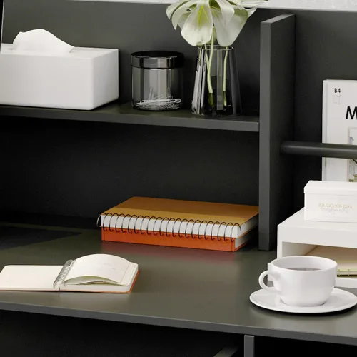 Vista 7 de AIEGLE Escritorio de recepción con cajones y estantes de almacenamiento, mesa con paneles privados, para sala de recepción, sala de recepción, Negro