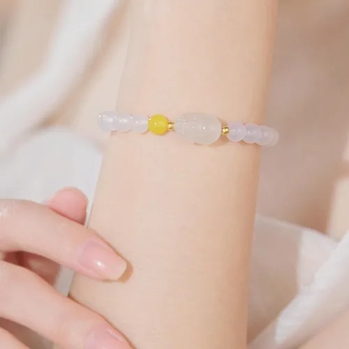 Vista 3 de Pulseras de oro de 18K con cuentas de calcedonia, pulsera con amuleto Pixiu, pulsera elástica natural con cuentas redondas de calcedonia