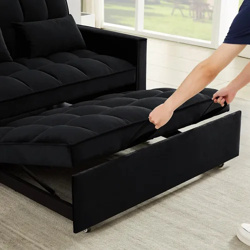 Vista 6 de Sofá cama biplaza de terciopelo convertible y moderno con cama desplegable, respaldo ajustable y 2 almohadas lumbares, para espacios pequeños