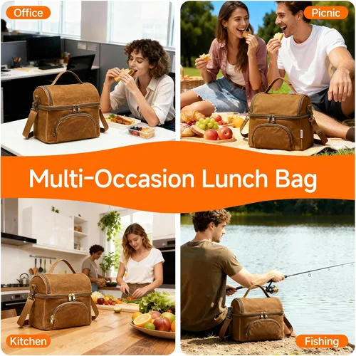 Vista 8 de Lunch Box with Ice Packs, Waxed Canvas Lunch Bag for Men, 10.5L Leakproof Insulated Lunch Cooler for Men Work, Dual Compartment Soft Cooler for