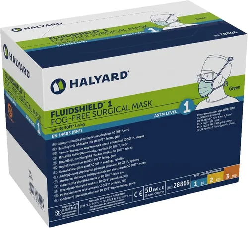 Vista 4 de HALYARD FLUIDSHIELD 1 Máscara desechable con lazos, con forro tan suave, estilo plisado, sin niebla, verde, nivel 1, 28806 (caja de 50)