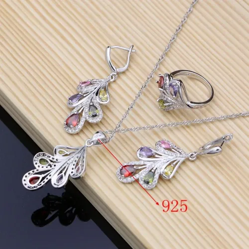 Vista 6 de Juego de joyas de plata 925 con circonita multicolor para mujer, aretes de boda con anillo de piedra, pulsera y collar de novia