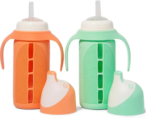 Vista 10 de Tabor Place Juego de 2 - Vaso sippy de vidrio para niños pequeños - The Luca A prueba de derrames Popote de silicona Azul y naranja 8 onzas