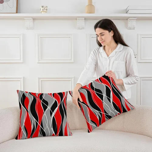 Vista 3 de Juego de 4 fundas de almohada geométricas a rayas de 16 x 16 pulgadas, fundas de almohada geométricas de rayas rojas, negras y grises para sofá