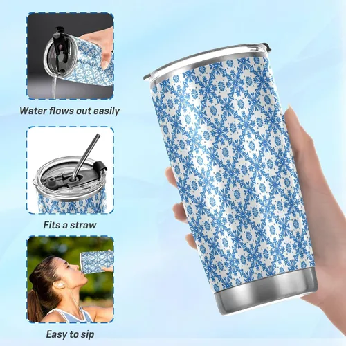 Vista 6 de Taza de acero inoxidable azul con patrón floral de copo de nieve, tapa a prueba de fugas y tazas de paja para café para la escuela, deportes