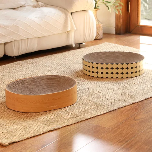 Vista 9 de FUKUMARU Cama rascador de cartón para gatos, almohadilla 2 en 1 para rascar gatos, tabla de rascar ovalada para interiores, cuenco rascador