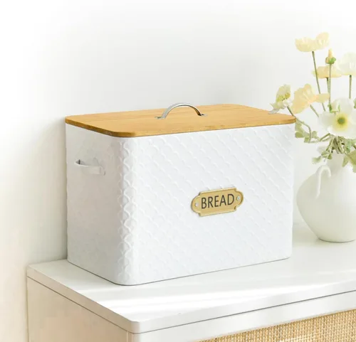 Vista 4 de EMAX HOME Caja de pan extra grande con ahorro de espacio estilo granja con tapa de madera - Capacidad para 2 panes - Porta pan vertical