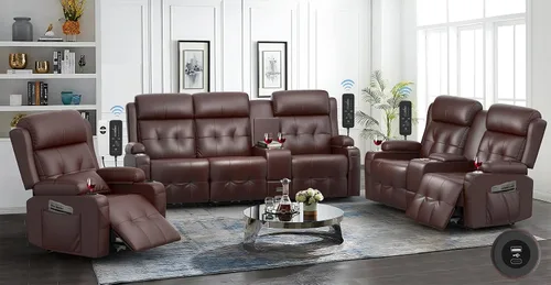 Vista 9 de Sofá reclinable, sofá reclinable con masaje de 3 plazas con gran capacidad de peso, sofá de dos plazas para RV con espacio libre con consola, USB