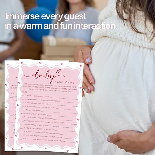 Vista 5 de Tarjetas de juego de peleas familiares para baby shower con tarjeta de respuesta, juegos de baby shower rosa para 30 invitados, tarjetas