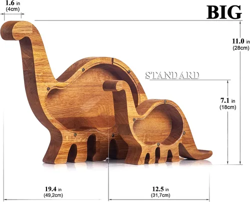 Vista 2 de Alcancía de dinosaurio para niños y niñas, caja de ahorro de dinero duradera y práctica, madera de roble natural con idea de plexiglás transparente