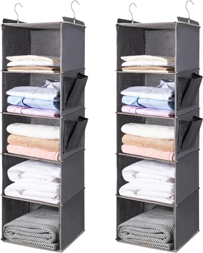 Vista 13 de BOOMIBOO Organizador de armario colgante y estantes, 5 estantes colgantes con 2 bolsillos laterales, almacenamiento plegable (beige)