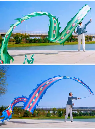 Vista 3 de Juego de Cintas de Dragón 3D Realistas para Ejercicio, Baile al Aire Libre, Lanzamiento de Fitness, Estilo Cuadrado POI Wu Long (5.97m, Fénix Azul)