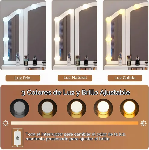 Vista 2 de Tiptiper Juego de mesa de tocador con espejo plegable triple iluminado, tocador de maquillaje con luces y 3 modos de iluminación