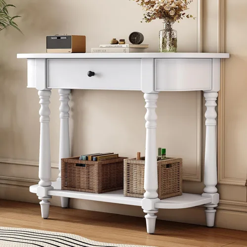 Vista 20 de Knocbel Mesa consola Half Moon con puerta con patrón de ondas, mesa auxiliar de sofá semicírculo con 2 cajones de almacenamiento y estante inferior