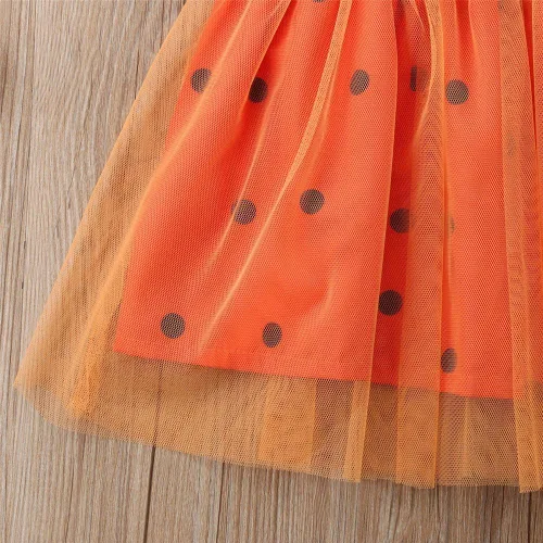 Vista 6 de Vestido de princesa de Halloween para niña, diseño de calabaza, sonrisas de calabaza, lunares, falda de tul con lazo, vestidos de fiesta