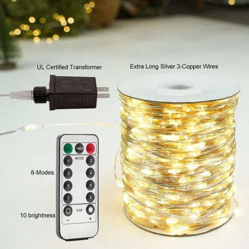 Vista 2 de Paquete de 2 luces de hadas enchufables de 100 pies, 300 LED, impermeables, alambre plateado, luces LED parpadeantes con control remoto para sala