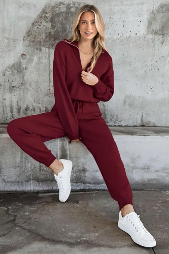 Vista 3 de PRETTYGARDEN Conjunto de suéter de 2 piezas para mujer, sudadera con cremallera, pantalones deportivos, ropa casual