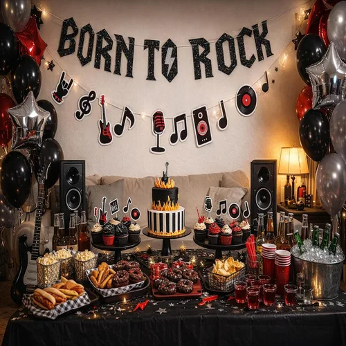 Vista 2 de Banner con purpurina Born to Rock con guirnalda de notas musicales, decoraciones de fiesta de los años 50, suministros de fiesta de cumpleaños