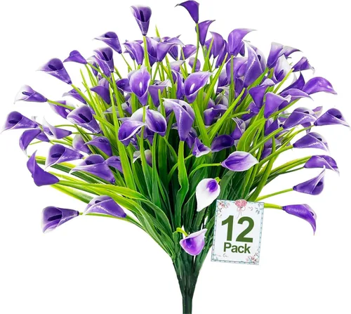 Vista 16 de TURNMEON 12 paquetes de flores artificiales de lirio de cala (240 cabezas), plantas falsas para exteriores, plantas falsas resistentes a los rayos