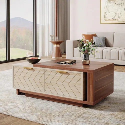 Vista 8 de Tribesigns - Mesa de café extensible con 2 cajones de almacenamiento, mesa central de dos tonos con tablero deslizante, mesa de cóctel rectangular
