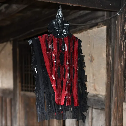 Vista 2 de JIAHG Decoraciones de Halloween, esqueleto colgante animado fantasma con ojos rojos brillantes activados por sonido de voz aterradora fiesta