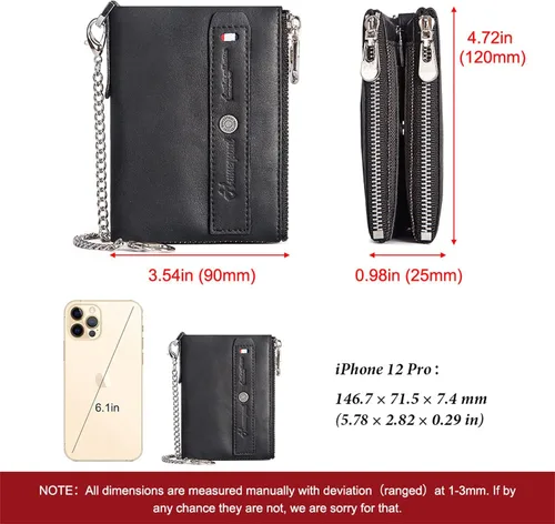 Vista 6 de Cartera de cuero genuino para hombre con cadena antirrobo, bloqueo RFID, tarjetero multifuncional con cierre RFID, bolsillo con cremallera