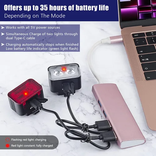 Vista 8 de Potente juego de luces recargables para bicicleta: luces delanteras y traseras de bicicleta inteligentes multimodos ultra brillantes con focos