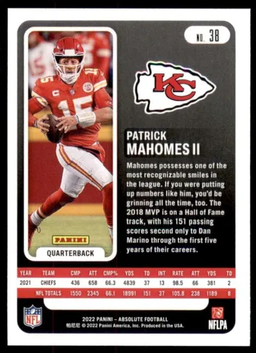 Vista 2 de 2022 Absolute #38 Patrick Mahomes II Kansas City Chiefs NFL Fútbol Trading Card