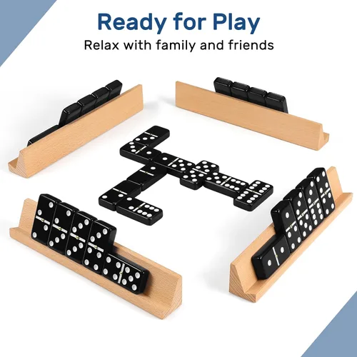 Vista 2 de Juego de dominós jumbo para adultos con 4 estantes/bandejas de madera, juego de dominós doble 6 para viajes con estuche portátil, juego de dominós