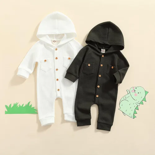 Vista 2 de Ynibbim Mameluco de invierno para recién nacido, para bebé, niño, niña, unisex, con capucha, ropa de gofre, de algodón, con botones