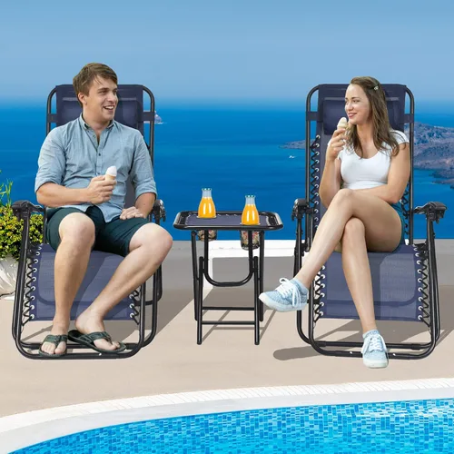 Vista 2 de HAPPYGRILL Juego de sillas de salón Zero Gravity con mesa auxiliar, sillas reclinables plegables con mesa auxiliar y almohada, juego de 3 piezas
