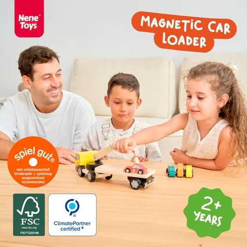 Vista 2 de Nene Toys Cargador magnético para automóvil con 4 autos y 1 camión de madera semirremolque para niños de 2 años en adelante, juguete interactivo