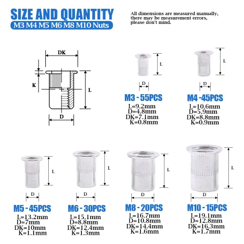 Vista 2 de Glarks Kit surtido de tuercas de remache métricas de cabeza plana M3 M4 M5 M6 M8 M10, 210 Uds