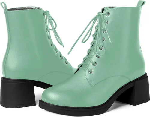 Vista 55 de ROSERWISH Botas altas de tacón bajo y grueso para mujer, con cordones, cómodas, modernas, con puntera redonda, de 2.5 pulgadas