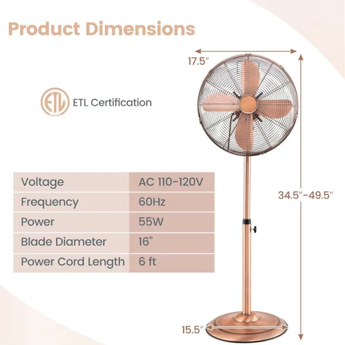 Vista 6 de LDAILY Ventilador de pedestal, ventilador oscilante de 16 pulgadas con 3 velocidades, velocidad ancha, altura y ángulo ajustables, ventilador